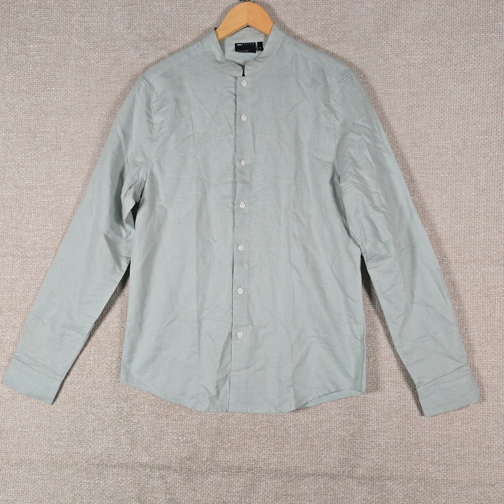 ASOS DESIGN Mens Grandad Collar Linen Blend Shirt Sage Green‎ Size M